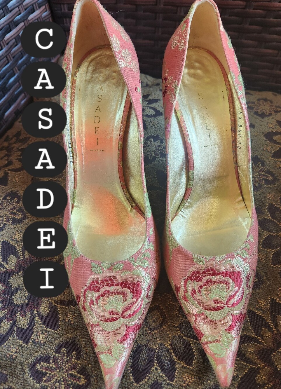 Y2K CASADEI Pink Rose Green BROCADE Embroidered Pointed Toe 4+"Gold HEEL Pumps